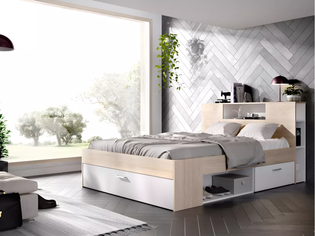 Lit avec tête de lit rangements et tiroirs - 160 x 200 cm - Coloris : Naturel et blanc - LEANDRE