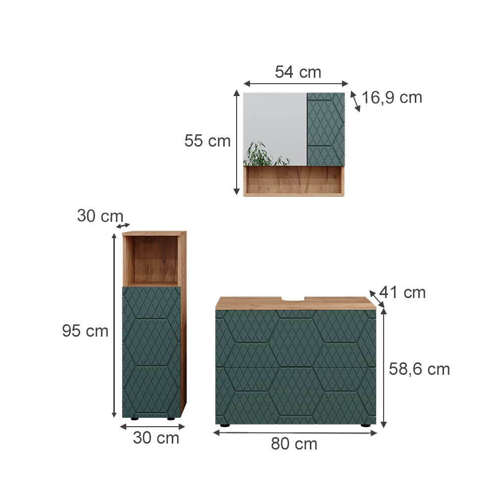Vicco Badmöbel-Set Irma Eiche Grün 4-teilig Midischrank 95 cm Waschbeckenschrank 80 cm