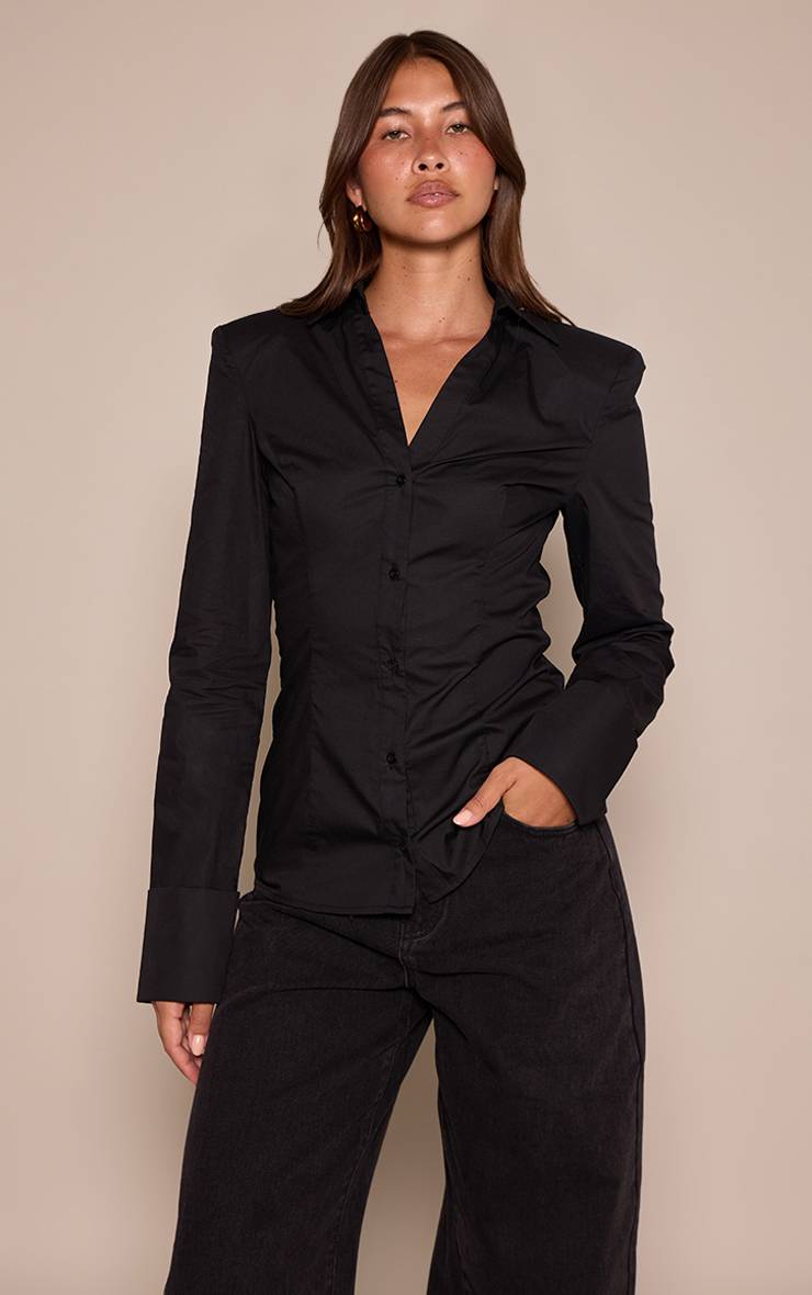 Noir Chemise En Coton À Épaulettes Et Détail De Poignets Froncés