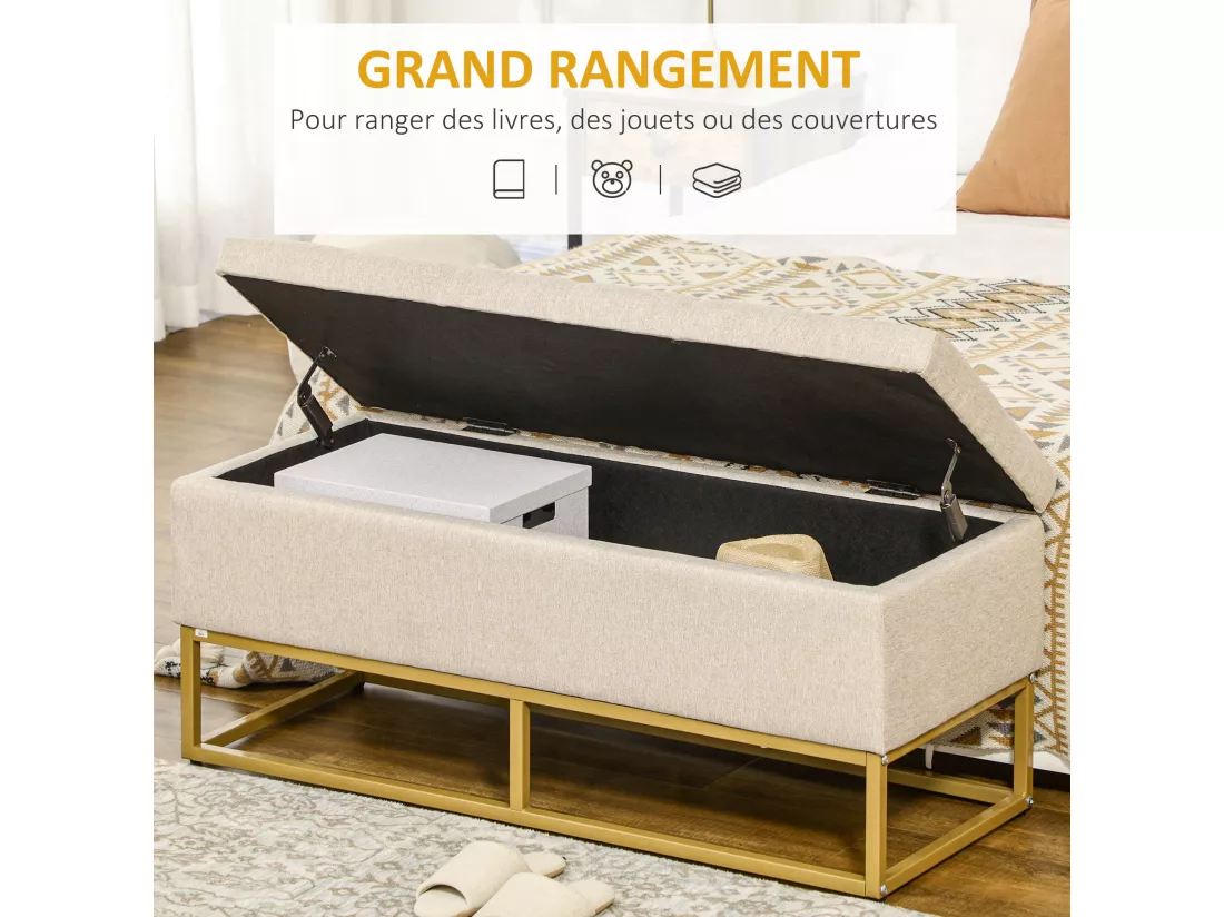 Banc banquette coffre de rangement 2 en 1 piètement acier doré assise capitonnée tissu beige