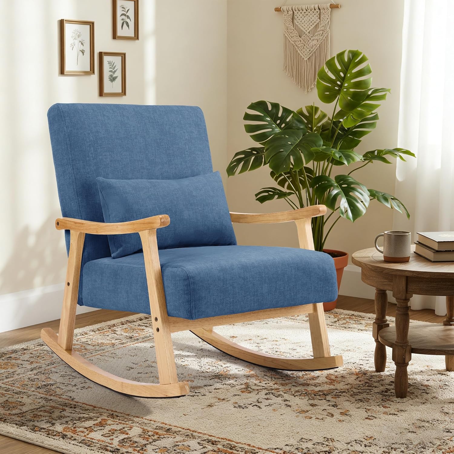 Mid-Century Modern Schaukelstuhl, Schaukelsessel mit Lendenkissen, Gepolsterter Stillsessel mit Holzarmlehnen & Holzbeinen, Bequemer Sessel für Wohnzimmer, Schlafzimmer & Babyzimmer, Blau