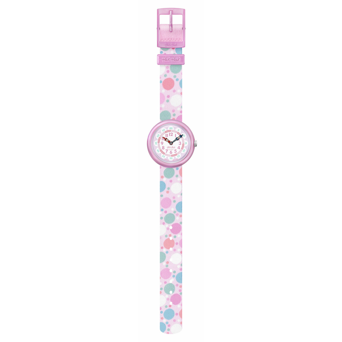 Montre FLIK FLAK Organized Chaos Flying Bubbles enfant bracelet pet recycle rose