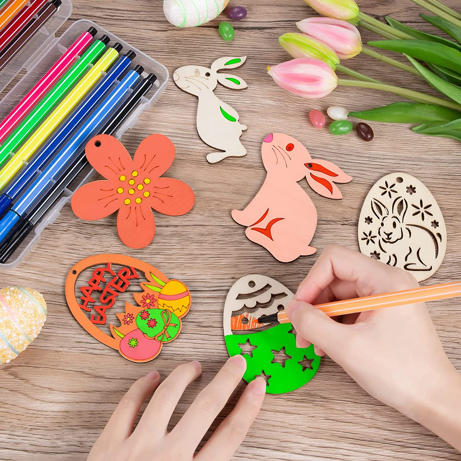 (20er Set) DIY Oster Geschenk Anhänger Bastel Home Deko Hase / Blume / Osterei Holzscheiben   Packschnur - Braun