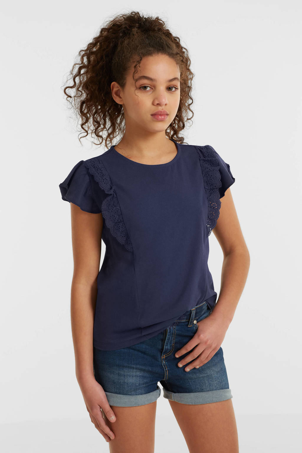 anytime T-shirt met broderie donkerblauw