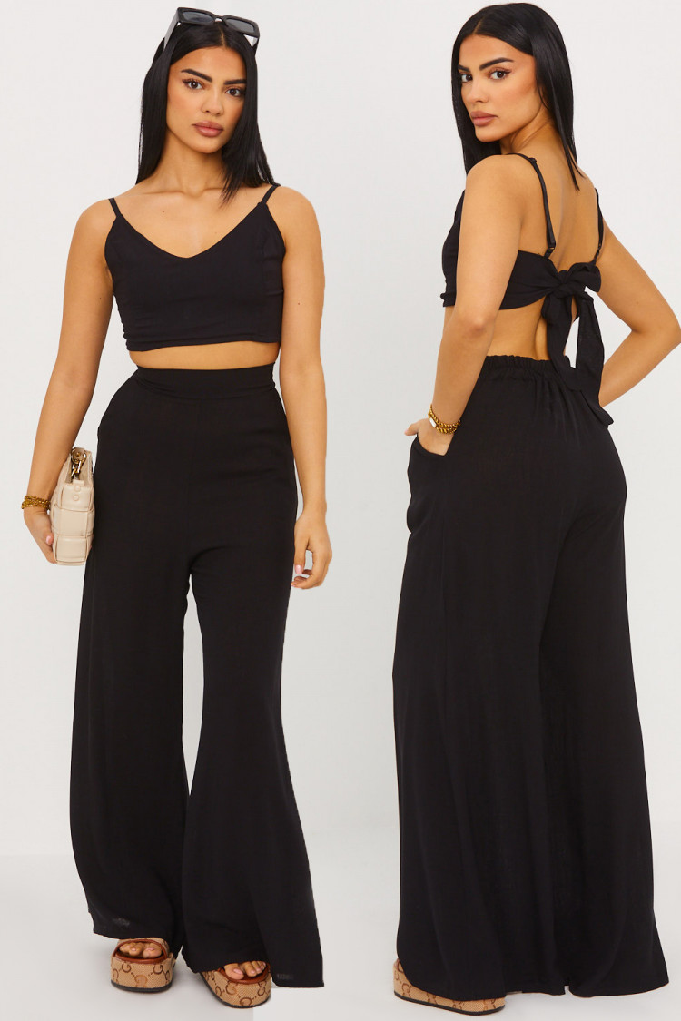 Ensemble effet lin 2 pièces crop top + pantalon noir