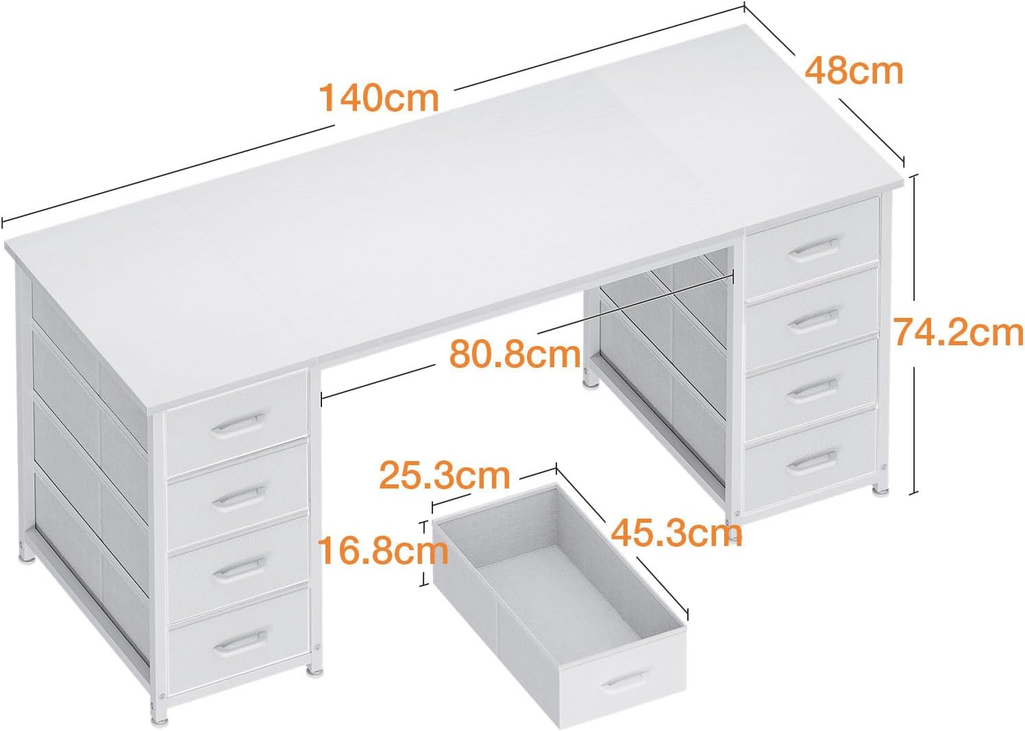 Coleshome Schreibtisch mit 8 Stoff Schubladen, 140x48cm Schreibtisch Weiß mit Stauraum Computertisch Vielseitig, Bürotisch PC Tisch Officetisch für Büro, Wohnzimmer, Home Office