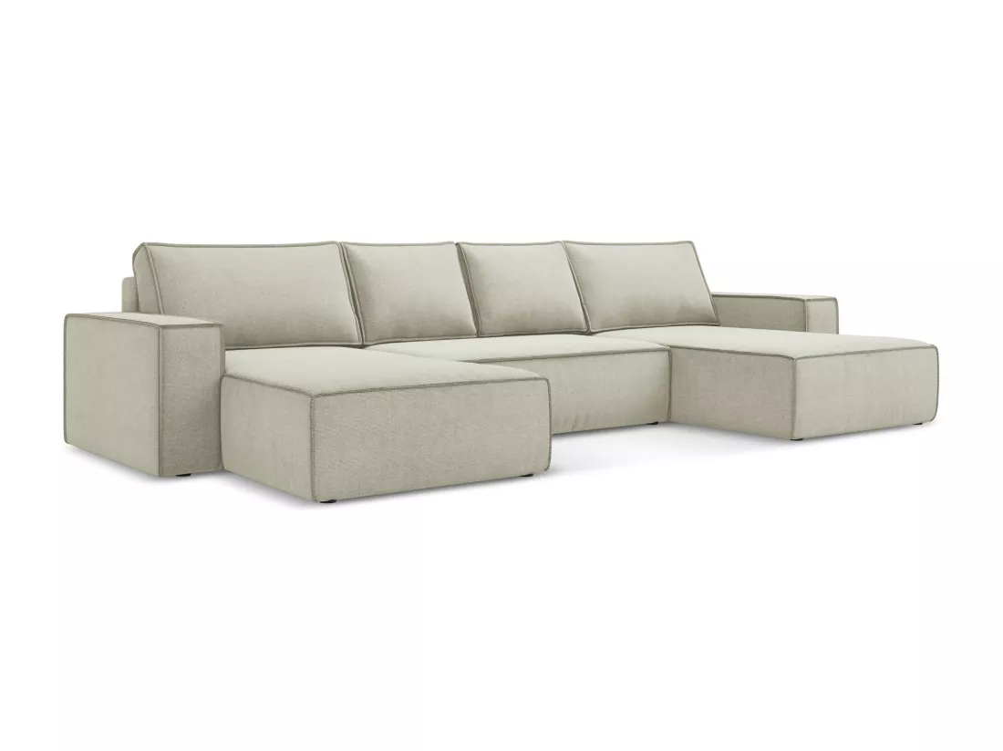 Canapé d'angle panoramique convertible en tissu texturé - beige clair - KIMO
