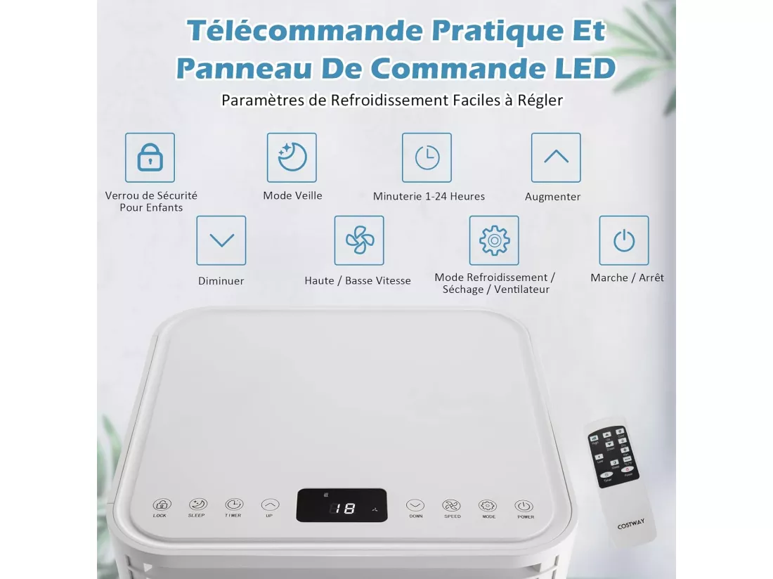 Climatiseur Mobile 4 en 1 - 7000 BTU, 15 m² 2 Vitesses Mode Veille Minuterie 24 h 2 kW [Classe Energétique A] avec Télécommande R290 (Blanc)