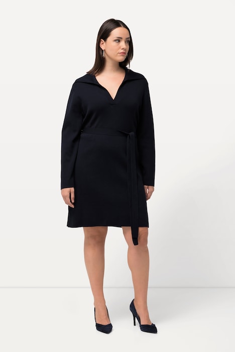 Strickkleid, Gürtel, Hemdkragen, V-Ausschnitt, Langarm