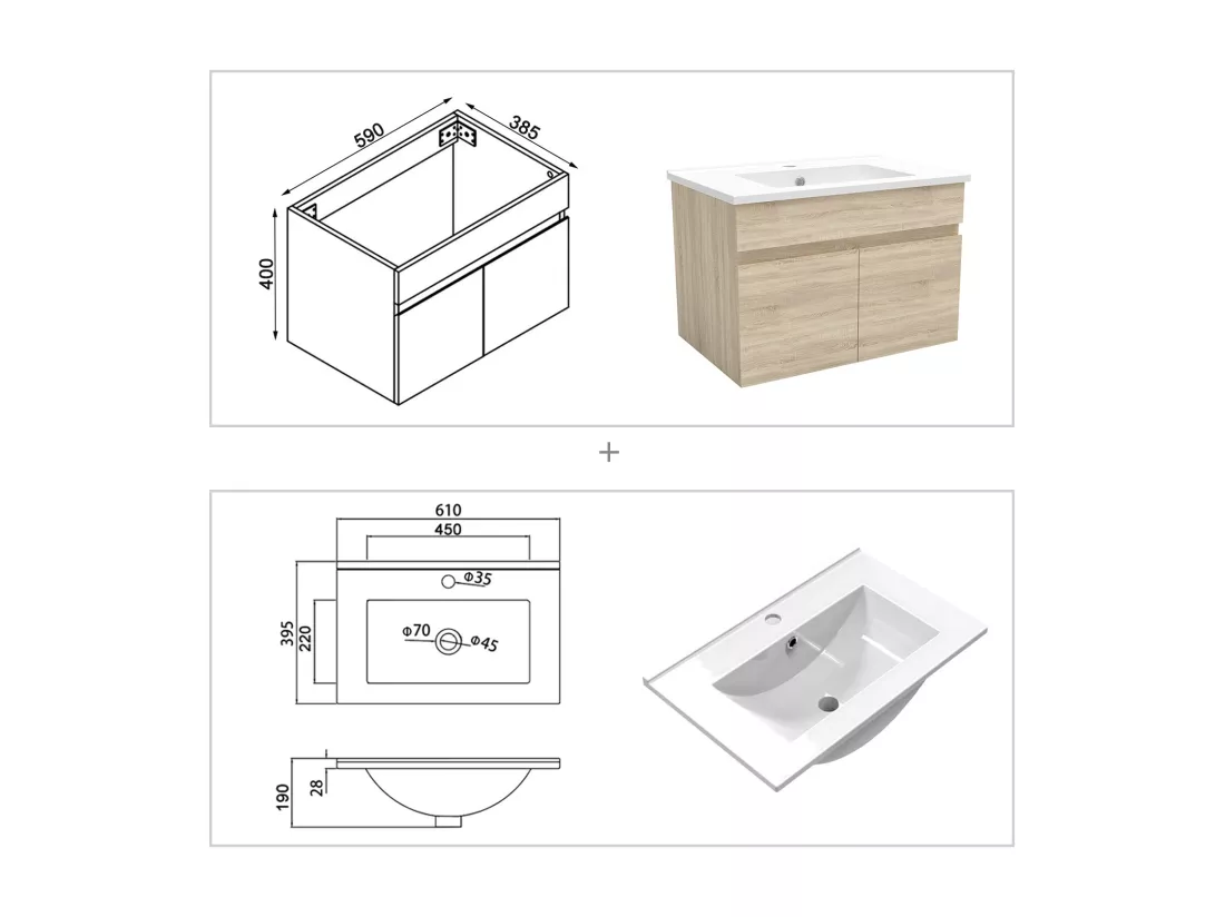 Meuble simple vasque 60cm avec colonne et miroir lumineux 3 couleurs chêne wotan