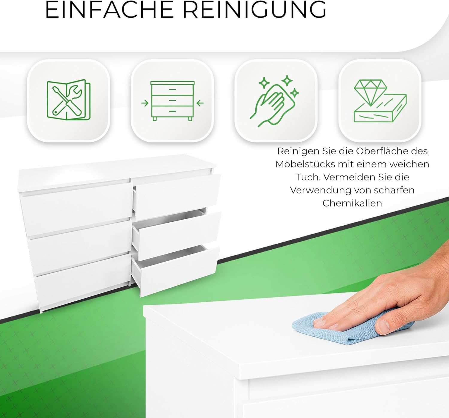 CDF Kommode Weiß mit 6 Schubladen 30 cm Tief Komodenschrank Komode für Wohnzimmer Schlafzimmer Schubladenschrank Malm Kommode viel Stauraum Geeignet Organizer Kleidung 120 cm Breite Modern Look