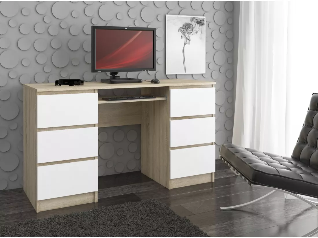 Bureau d'ordinateur AKORD A11 Chêne Sonoma 135 cm 6 tiroirs façade Blanche 135x50x77 cm