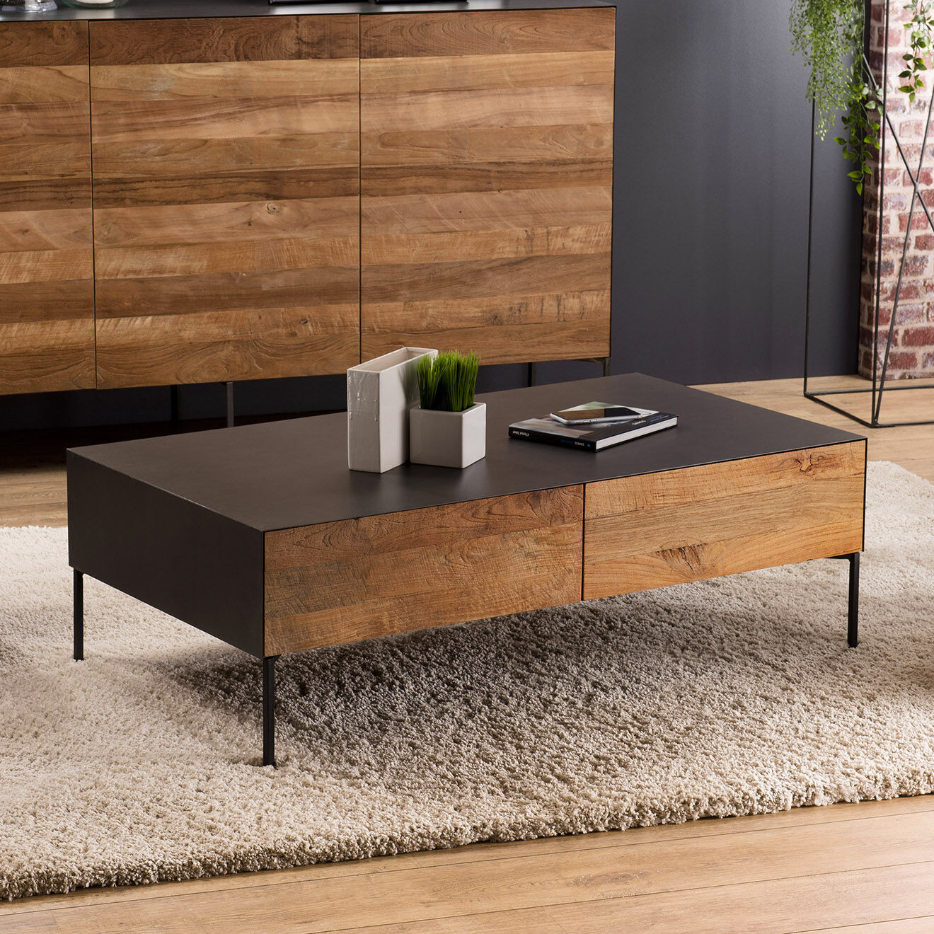 Macabane Table basse 2 tiroirs Maxence teck - 111x60x37 cm