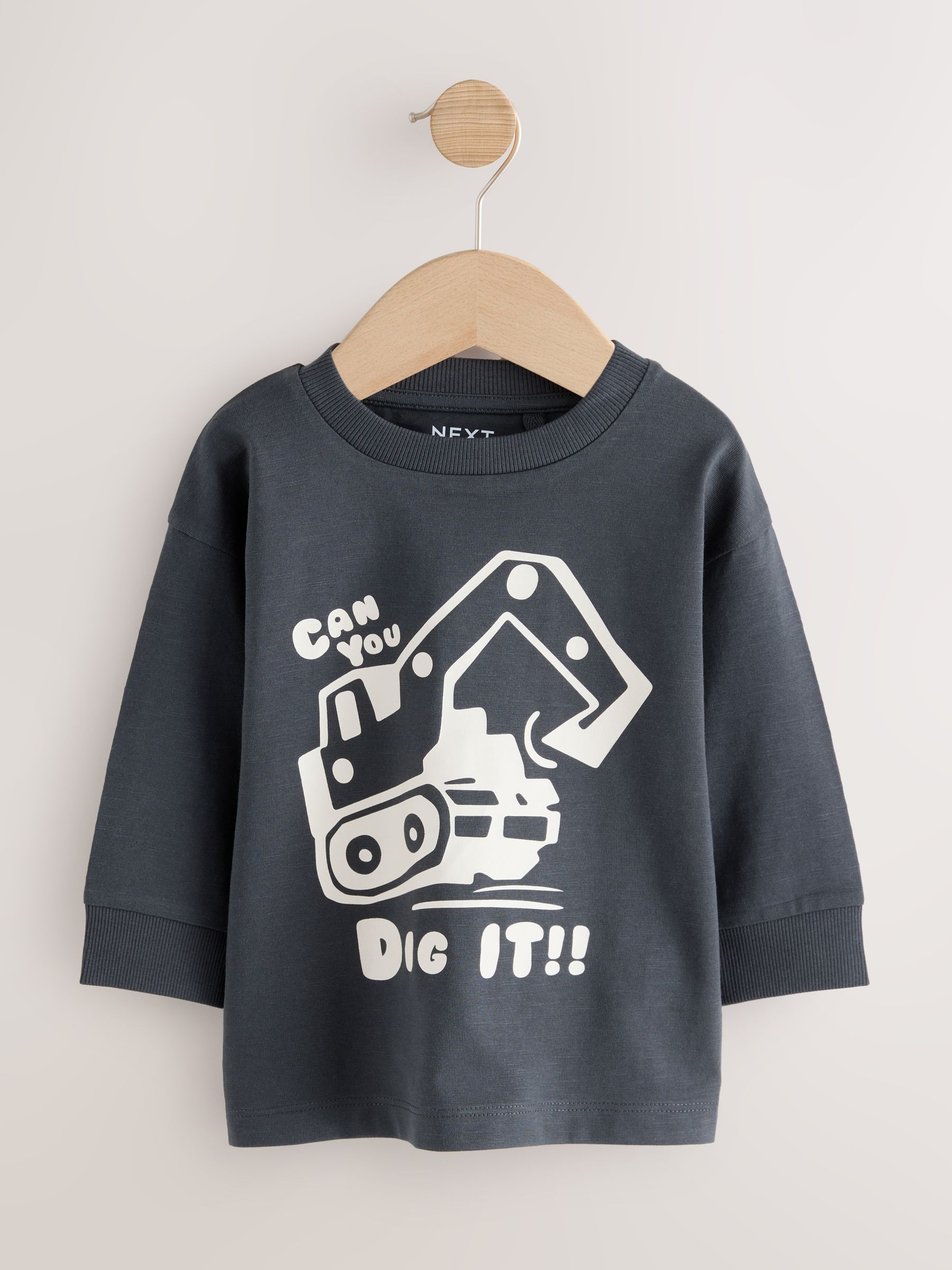Zwart/bruin met graafmachine - Set van 3 T-shirts met grafische print en lange mouwen (3mnd-7jr)