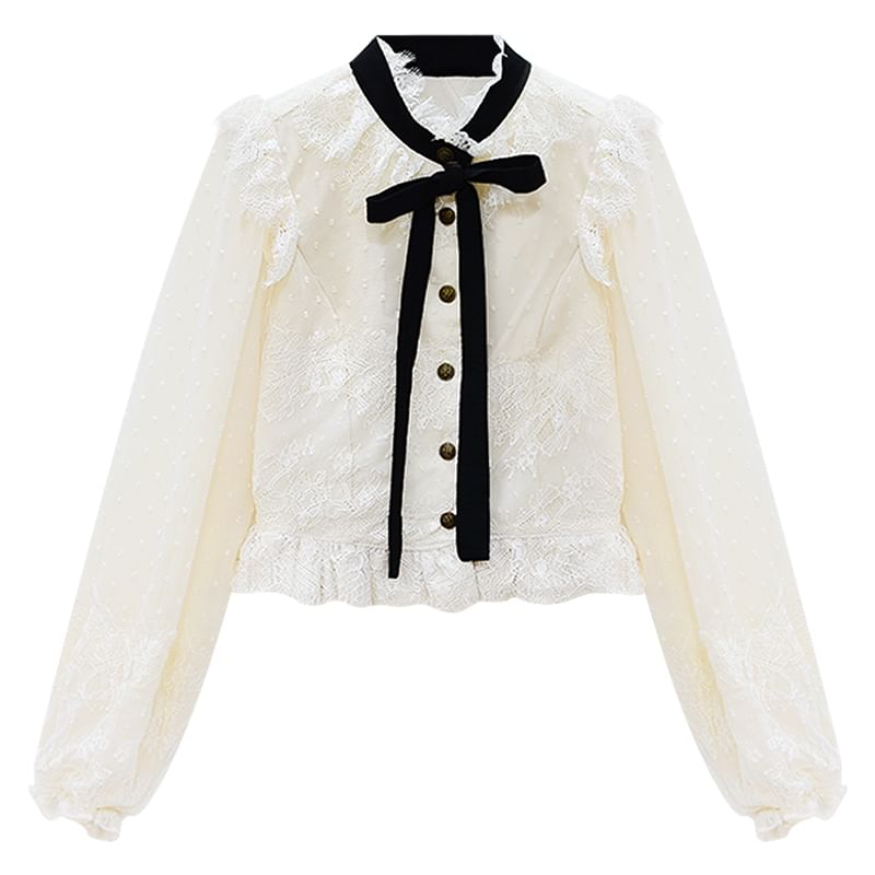 NENE - Blouse met pofmouwen, strikhals, kantafwerking en knoopjes