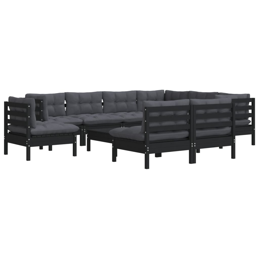 Salon de jardin meuble d'extérieur ensemble de mobilier 10 pièces avec coussins noir bois de pin solide
