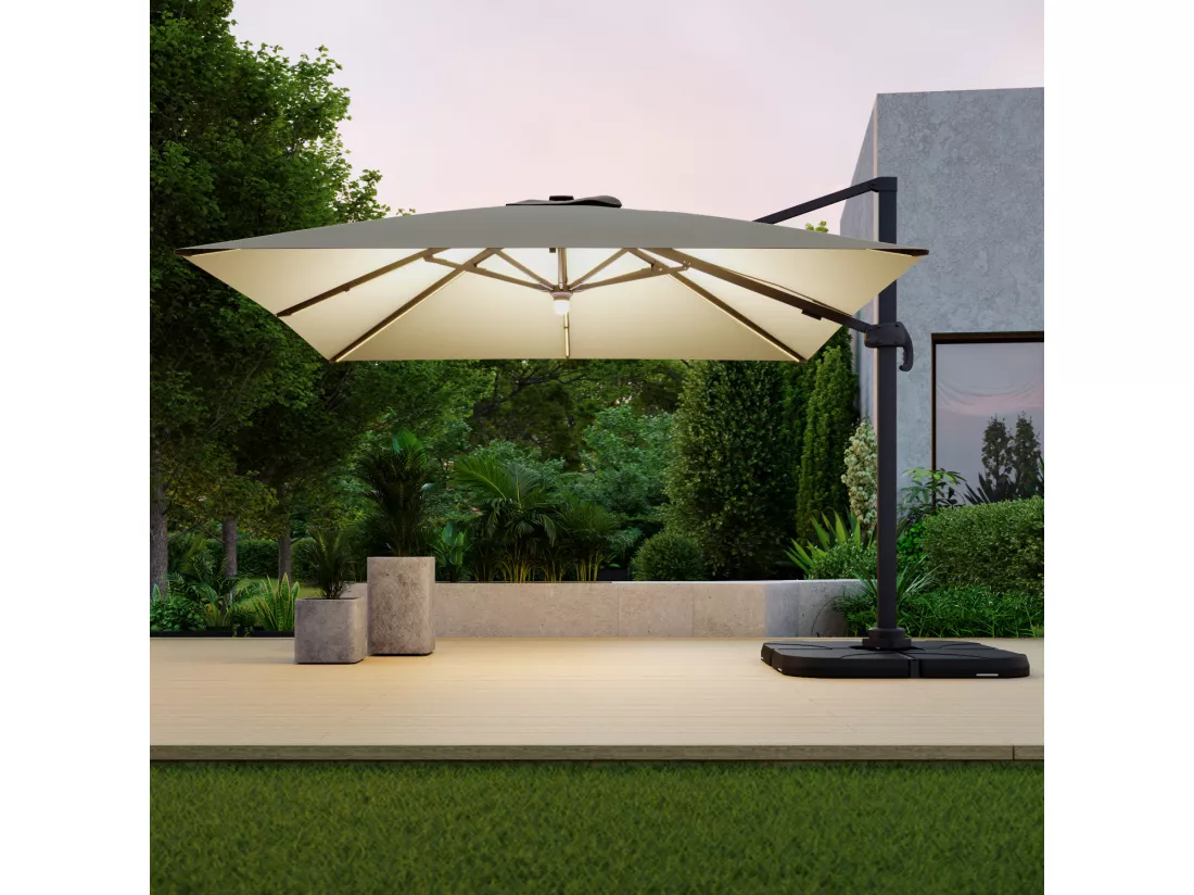 Parasol déporté LED 3x4m rectangle en aluminium + housse - rotatif 360° - Taupe - ROME