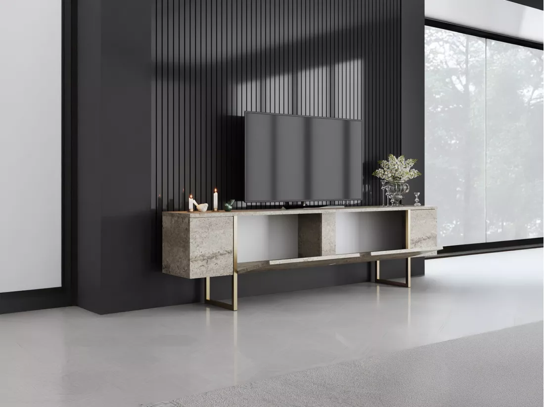 Meuble TV avec 2 portes - Effet travertin beige et doré - ZIRELDA