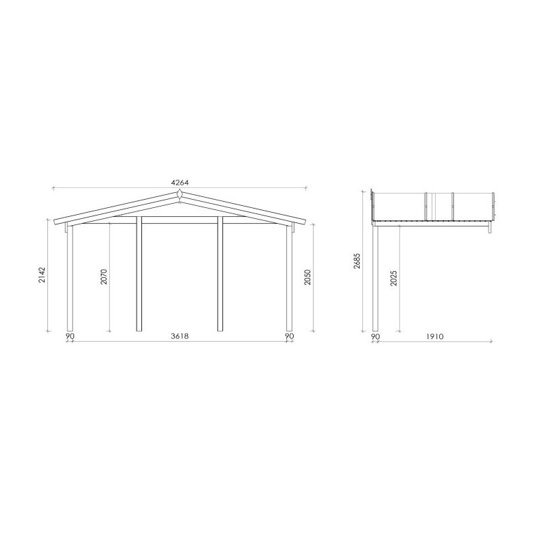 Abri de jardin en bois - 4x4 m - 24 m2 + terrasse avec balustrade et avant-toit en bois