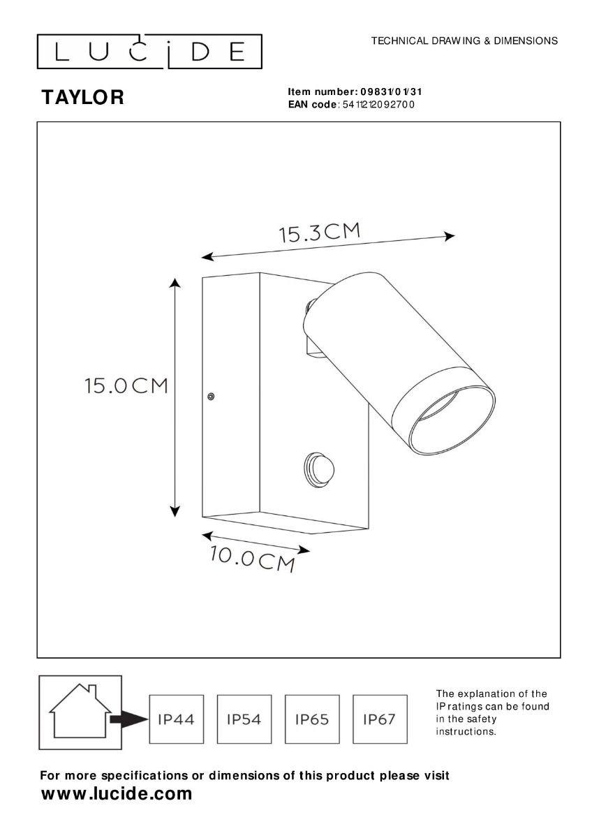Lucide Taylor LED wandspot 50W 15x15cm wit