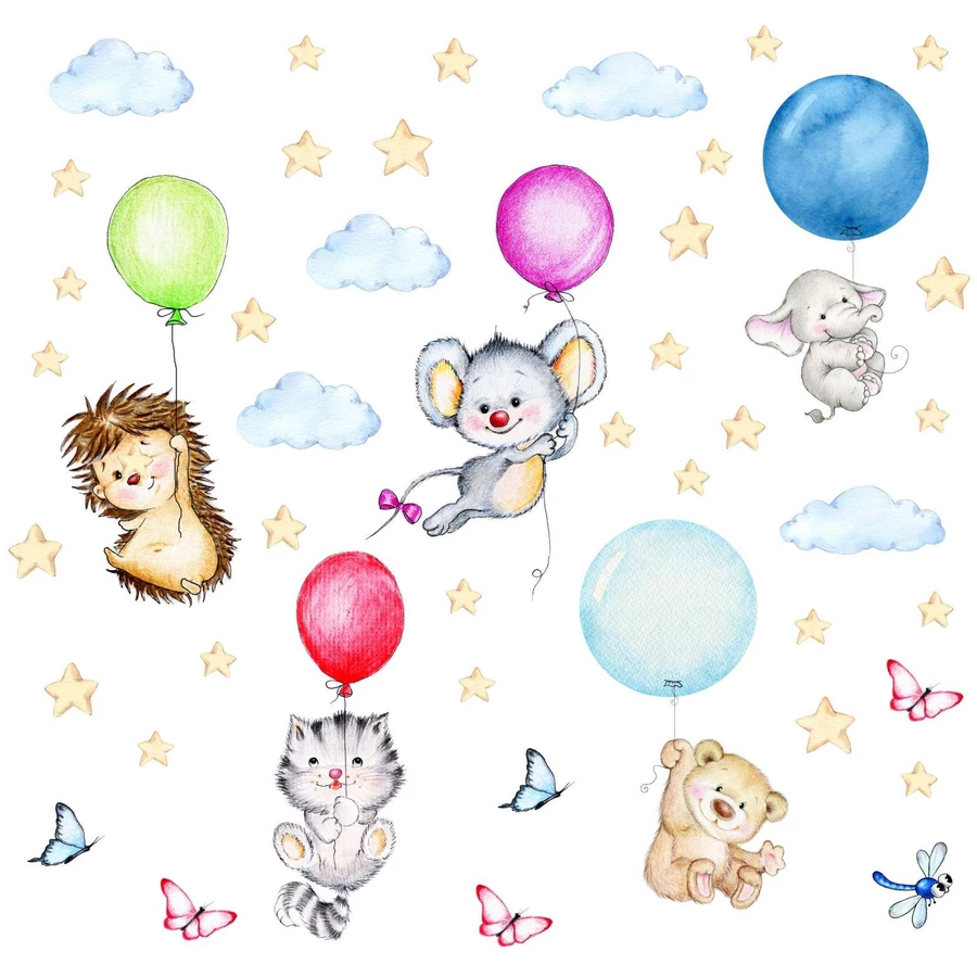 Nikima Wandtattoo 123 niedliche Tiere mit Luftballons Igel Katze Maus Bär Elefant bunt