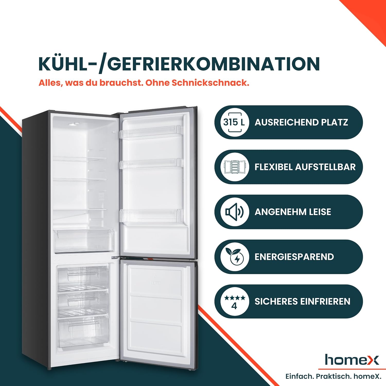 homeX Kühlschrank mit Gefrierfach, Kühl-Gefrier-Kombination freistehend, groß - 315 Liter, 4-Sterne Gefrieren, Super-Frost-Funktion, leise Kühlgefrierkombi, EEK C, XXL Kühl Gefrierkombination silber