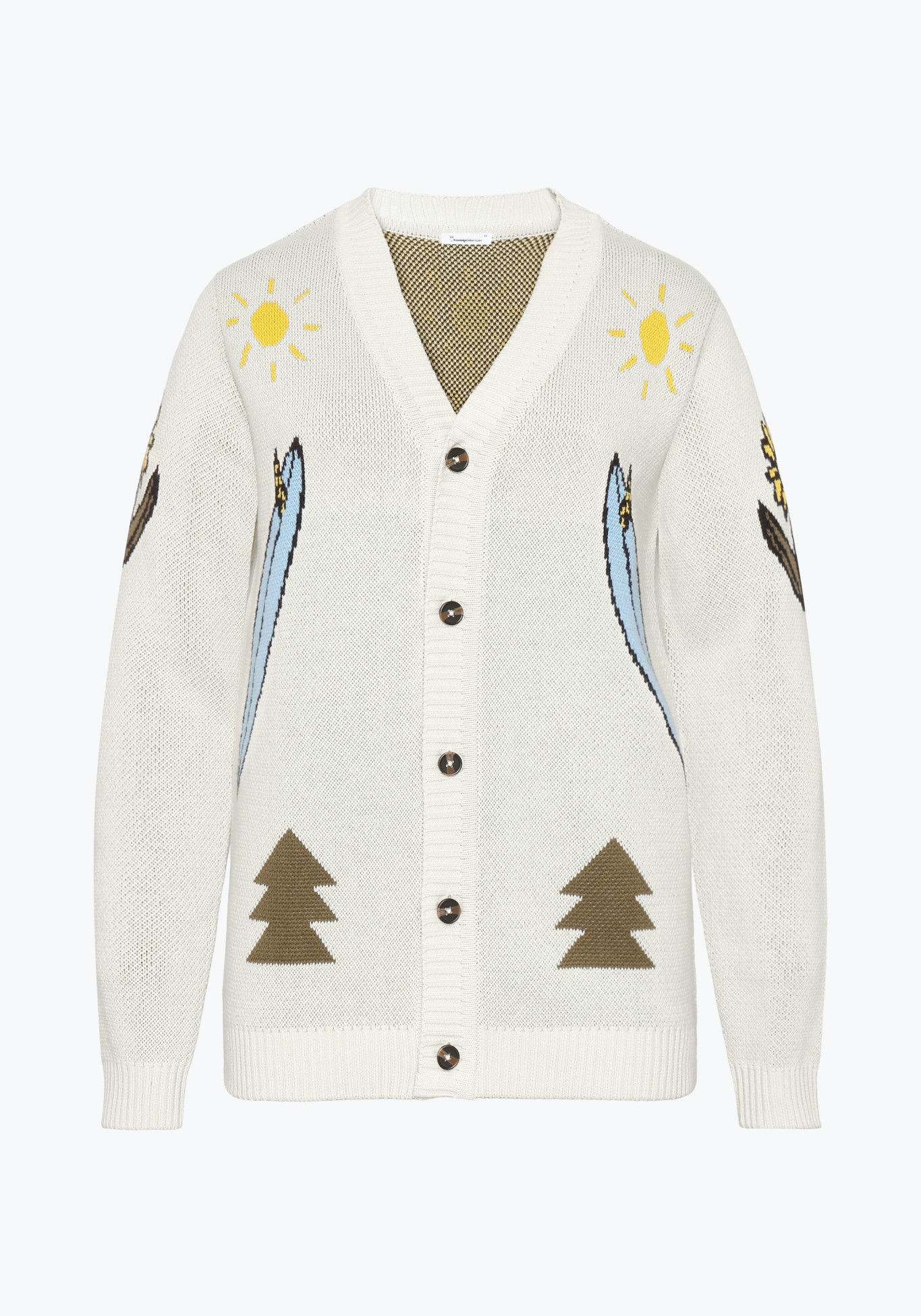 Knowledge Cotton Apparel Cardigan Jacquard Trees Yes Please Egret