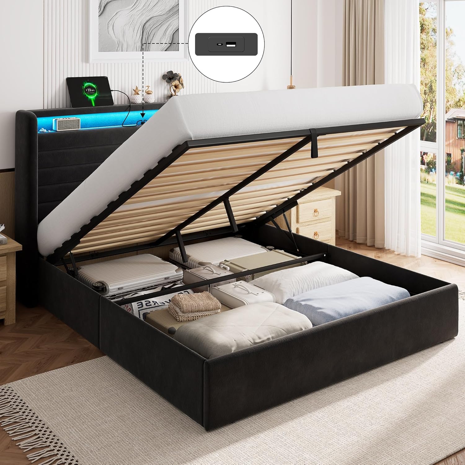 FEONASE Bett 140x200 mit Stauraum, Polsterbett 140x200 cm mit LED-Beleuchtung & Ladestation, Bettgestell mit Hydraulischem und Velous Kopfteil Stauraum, Lattenrost, Ohne Matratze, Dunkelgrau