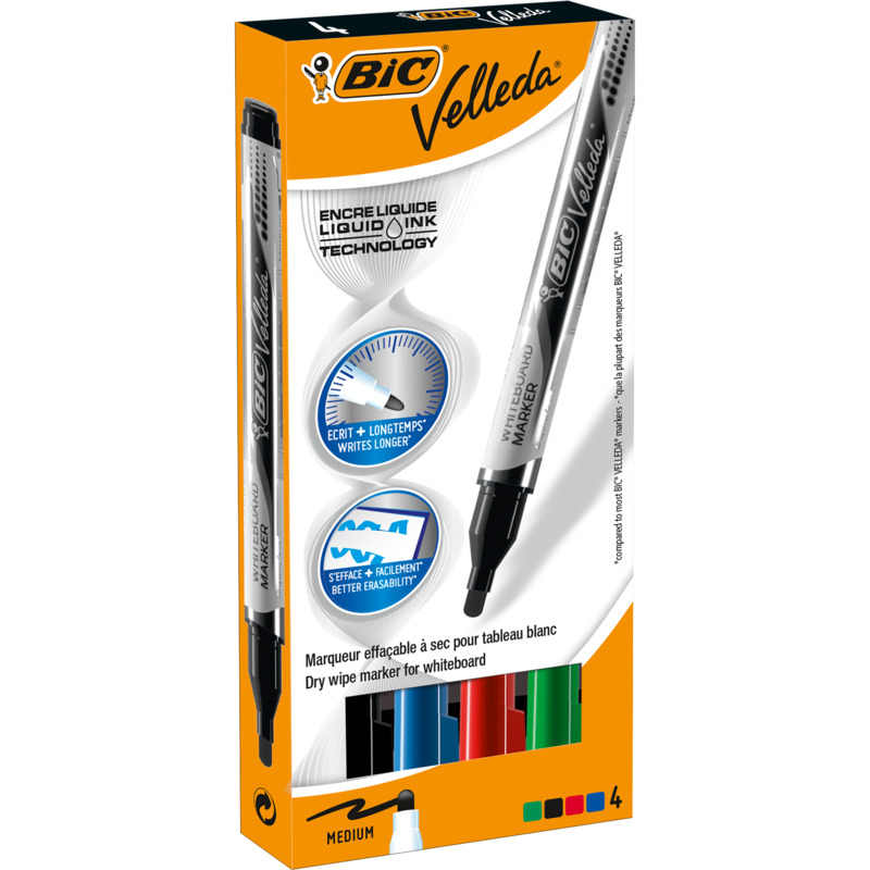 Bic Velleda Whiteboard Marker, M, 4 Stück, assortiert