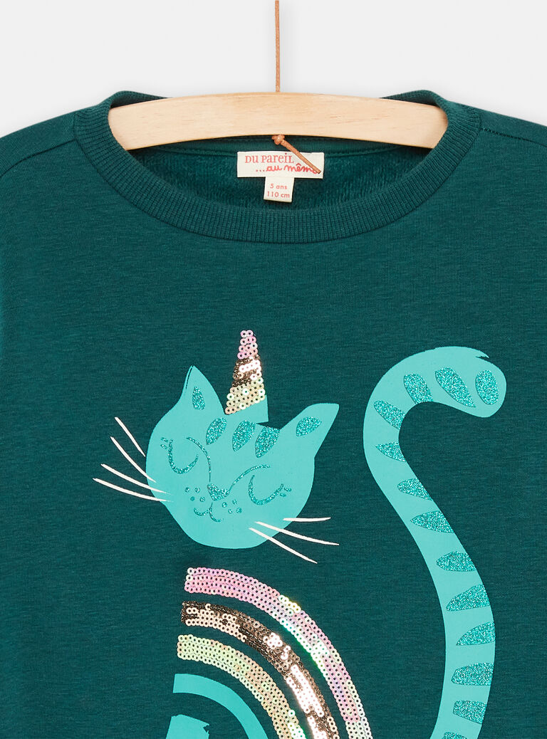 Sweat bleu canard à motif chat pour fille