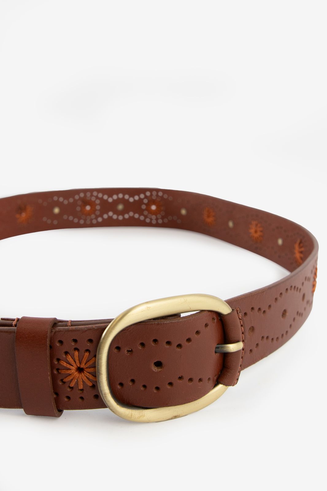 Bruine leren riem met embroidery