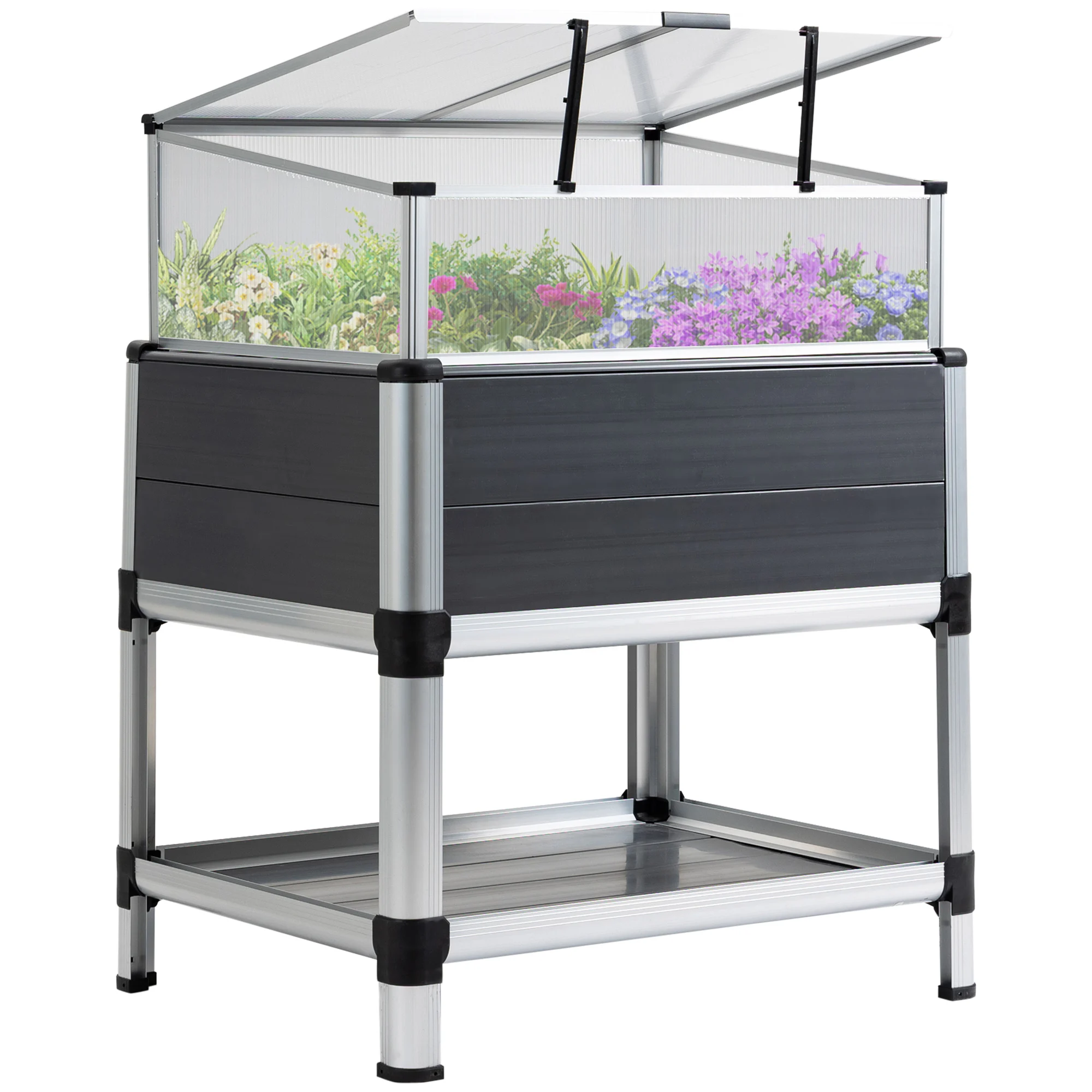 Jardineira elevada Outsunny para jardim urbano, em alumínio, 78,5 x 61 x 99,5 cm, com tampa de policarbonato, teto articulado e prateleira inferior para cultivo de plantas e flores, cinza.