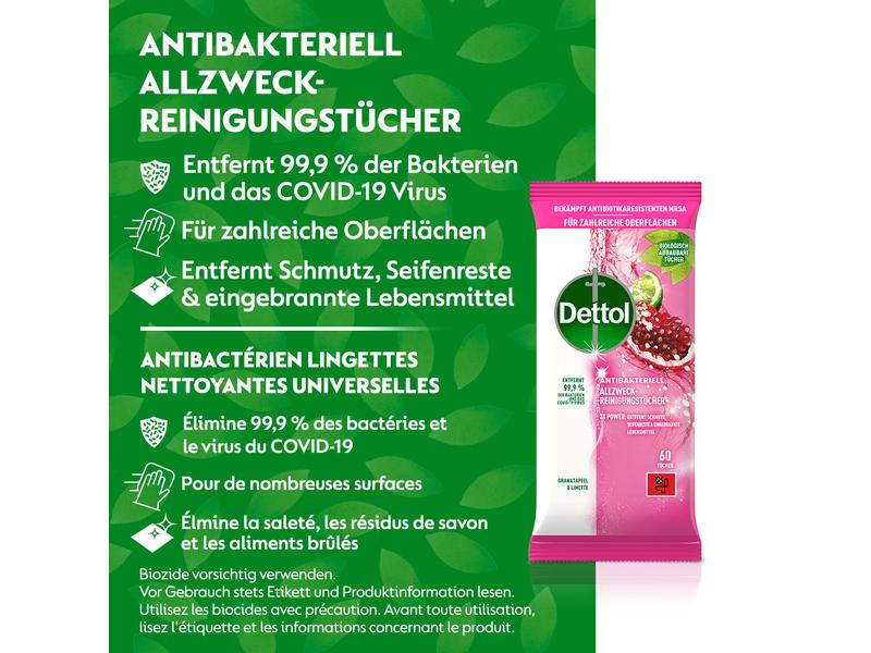 Dettol Allzweck-Reinigungstücher Granatapfel & Limette 60 S Antibakterieller Oberflächenreiniger mit fruchtigem Duft