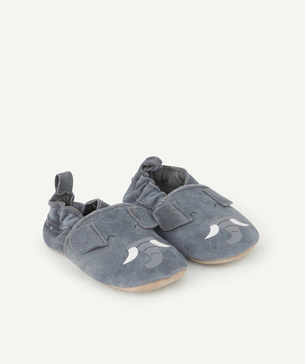 CHAUSSONS BLEUS EN CUIR MOTIFS ÉLÉPHANT BÉBÉ GARÇON