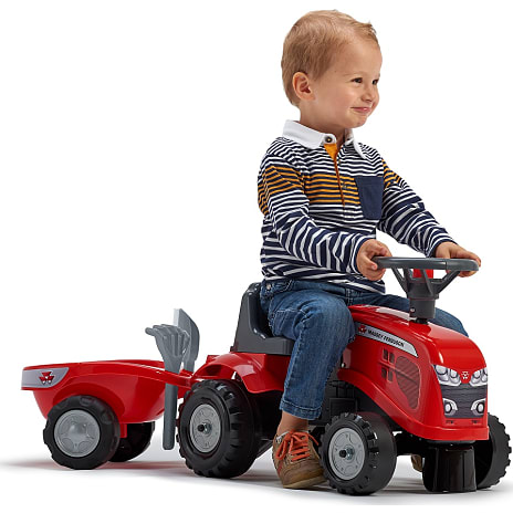 Falk Toys Baby Massey Ferguson ride-on traktor med trailer, rive og skovl