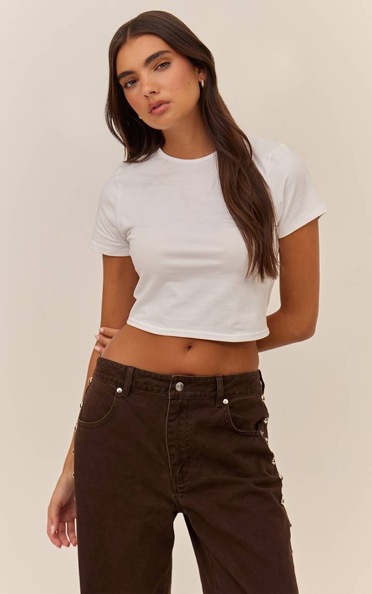 Blanc T-shirt Court En Coton À Manches Courtes Et Col Rond