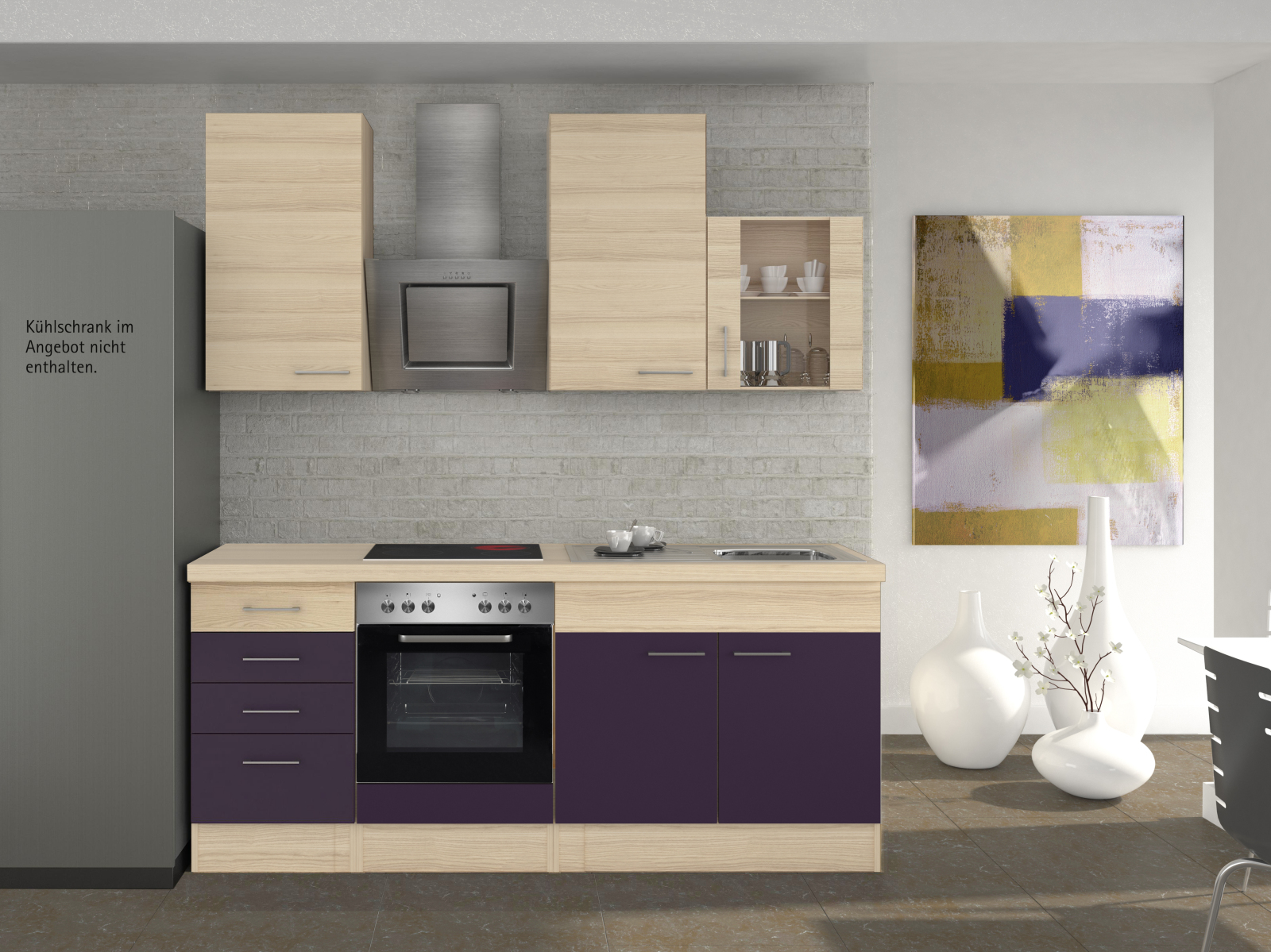 Küchenblock FOCUS - Akazie-Aubergine - mit E-Geräten - 210 cm