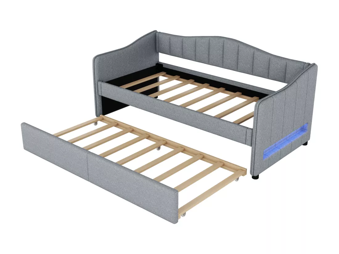 Lit banquette 90x200cm avec LED + lit gigogne 90x190cm - rembourré en tissu lin - Gris (matelas non inclus)