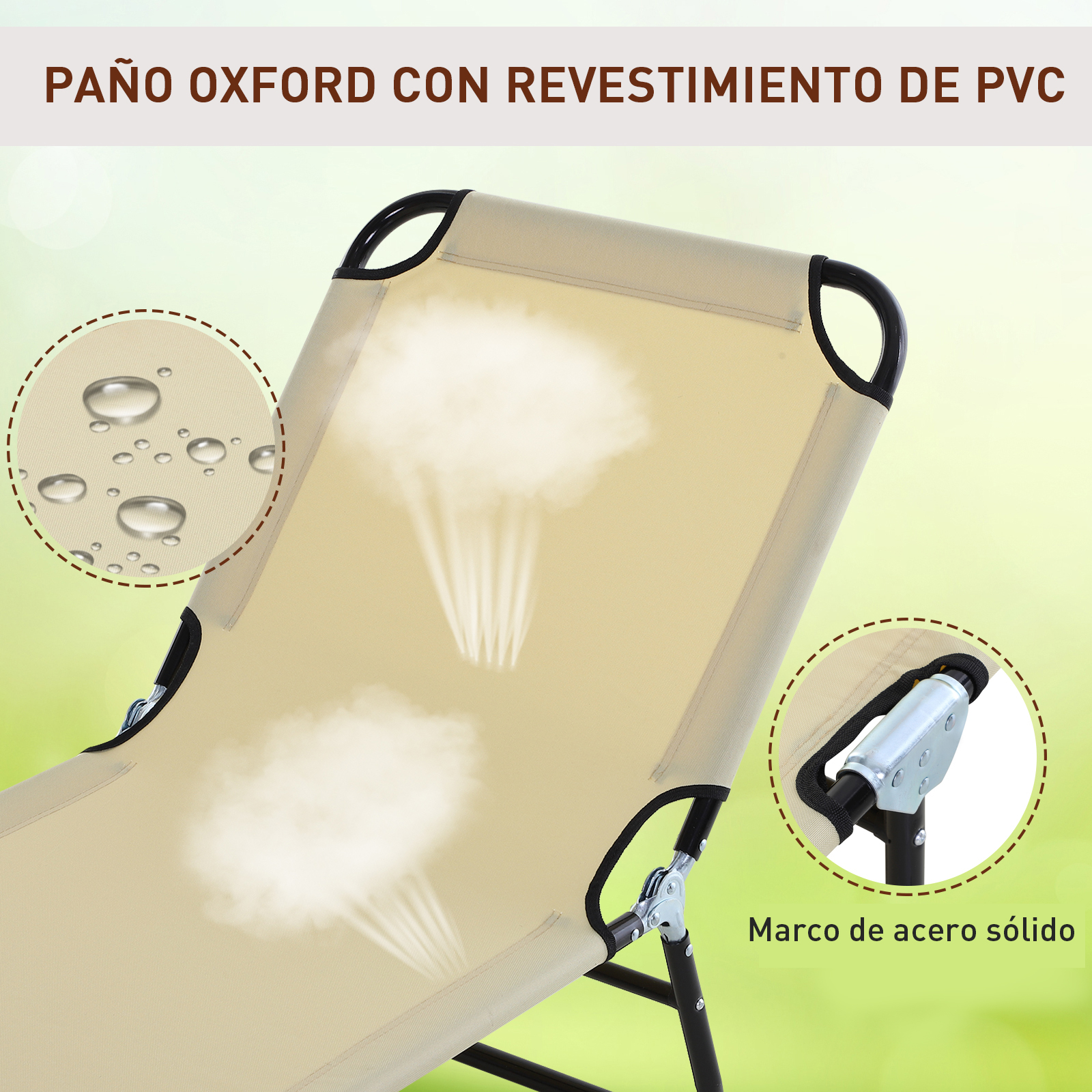 Espreguiçadeira dobrável e reclinável Outsunny com 5 ângulos ajustáveis para jardim, piscina, terraço e camping, capacidade de carga de 120 kg, 188 x 56 x 28 cm, bege.