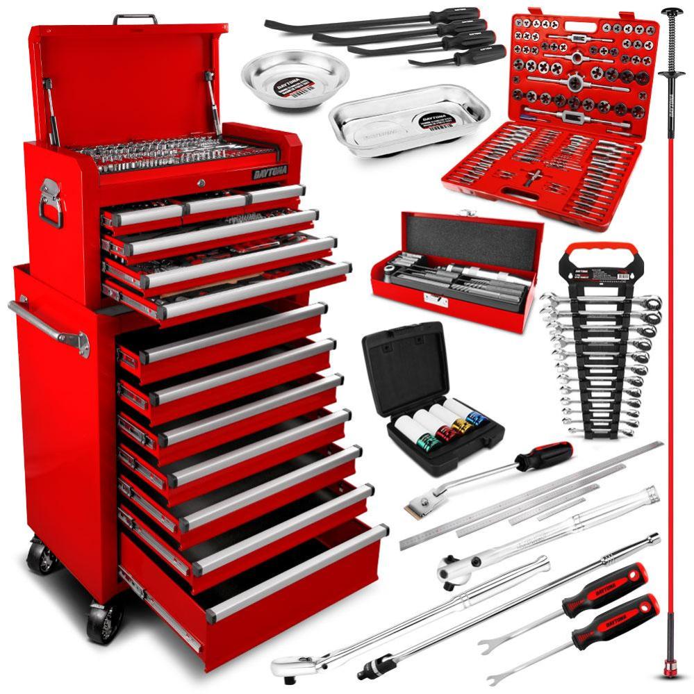 Conjunto de ferramentas para máquinas Daytona D520PSKIT com 520 peças, armário de 6 gavetas e armário de rolos com 7 gavetas.