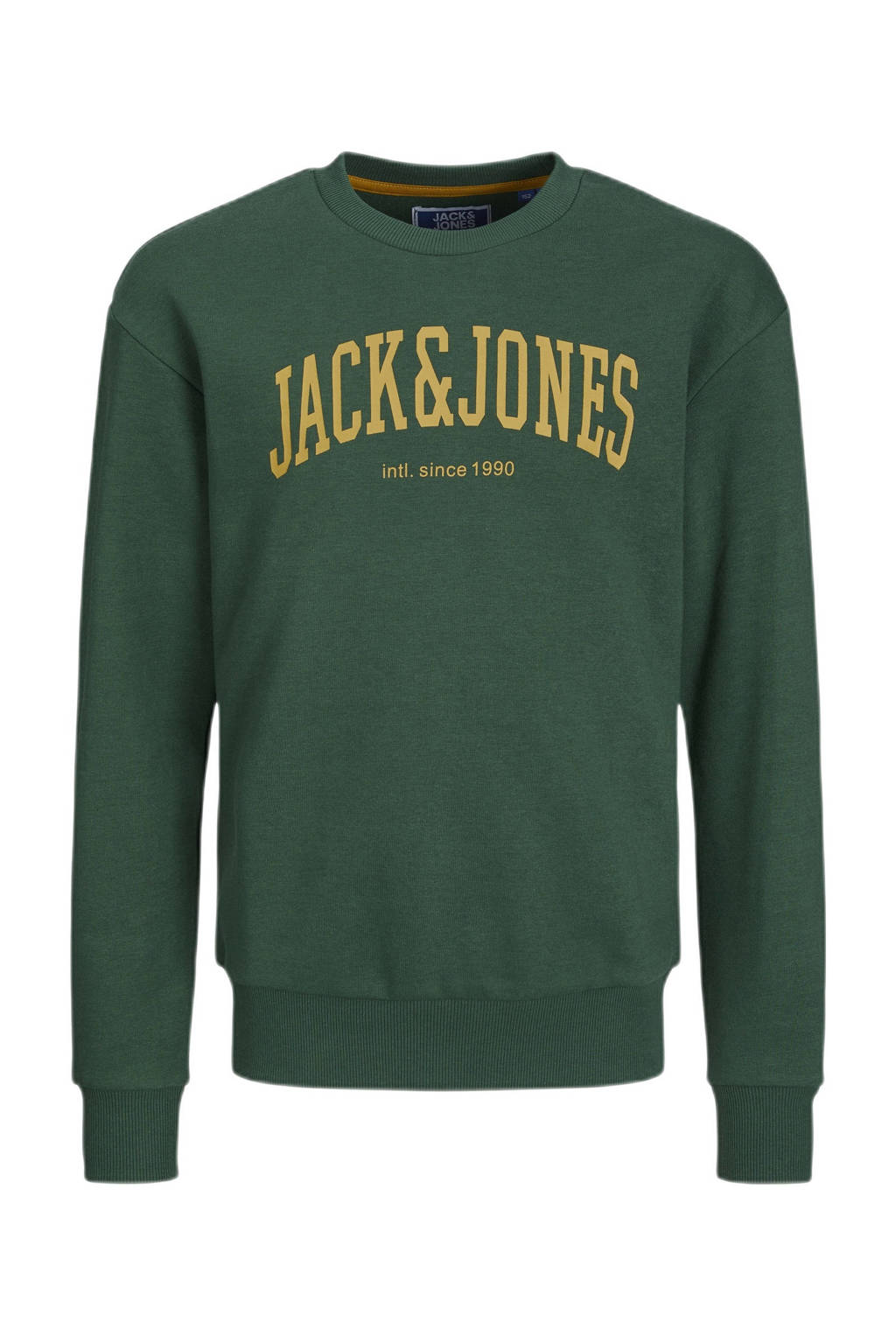 JACK & JONES sweater JJEJOSHmet tekst donkergroen/geel