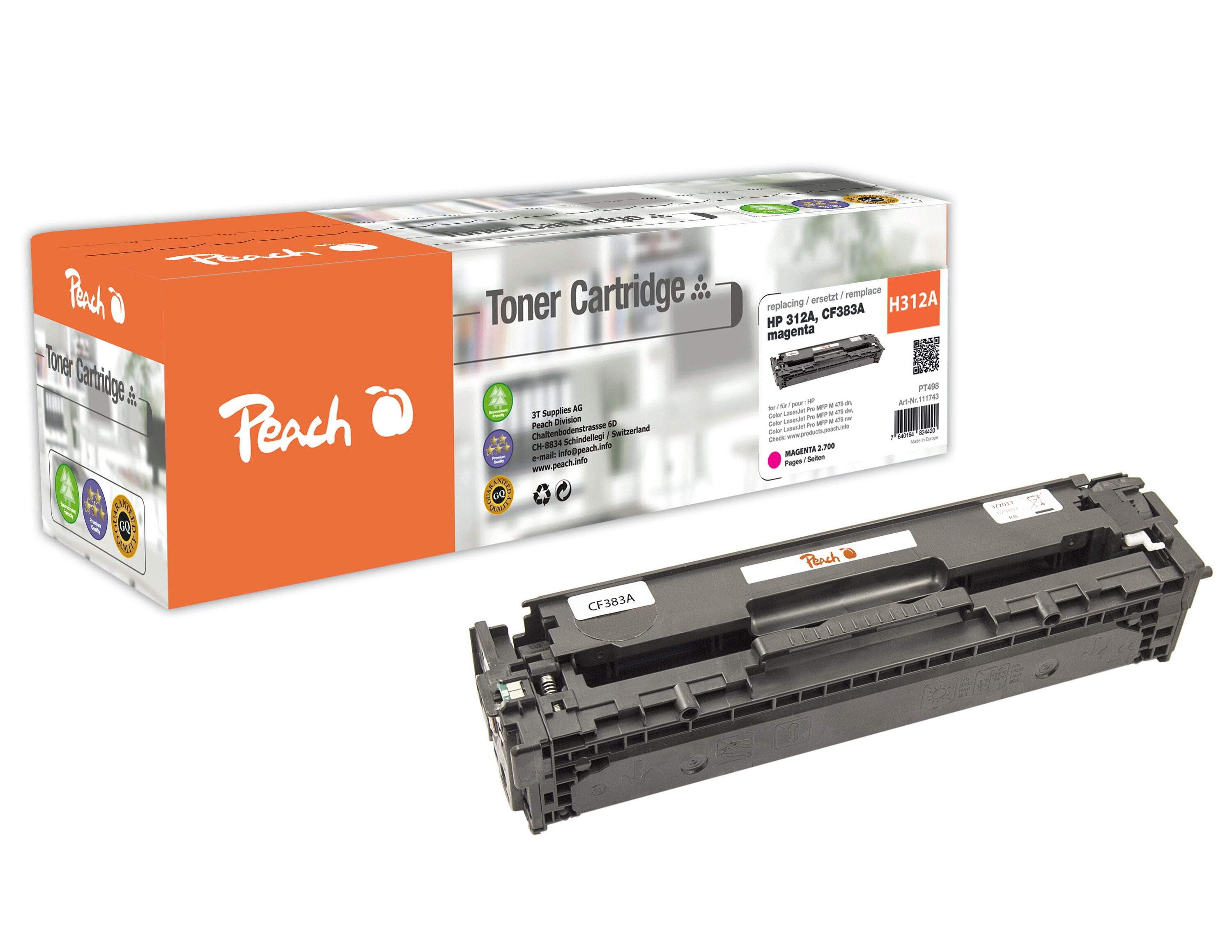 Peach HP 312 AM Toner ma ersetzt HP No. 312A M, CF383A für z.B. HP Color LaserJet Pro MFP M 476 dw, HP Color LaserJet Pro MFP M 476 dn (wiederaufbereitet)