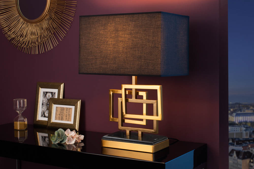 Moderne Tischleuchte ATLANTIS 56cm gold Stoffschirm schwarz Marmor Lampe