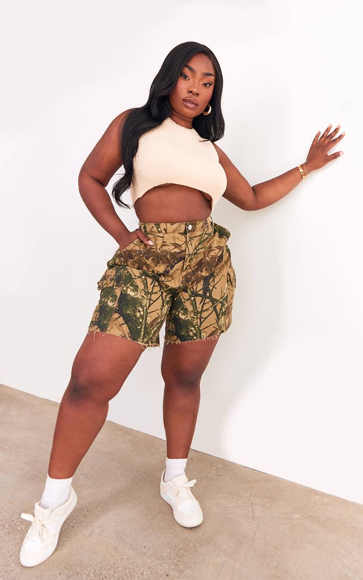 Kaki Short Cargo En Denim Camouflage Grande Taille