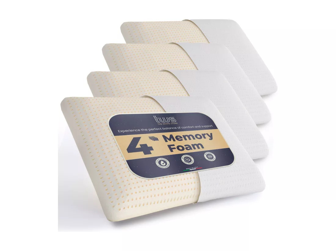 The White Stone Ensemble de 4 Oreillers en Memory Foam 40 x 70 cm | Hauteur 11 cm | Oreillers Cervicaux Hypoallergéniques, Ergonomiques et Respirants | Fonction Antisuffocation et Rafraîchissante