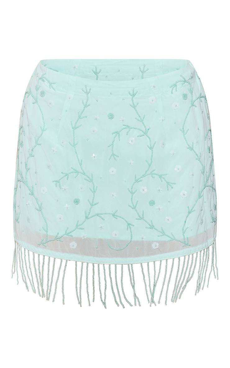 Bleu Aqua Mini-jupe Ornée De Perles Et Sequins