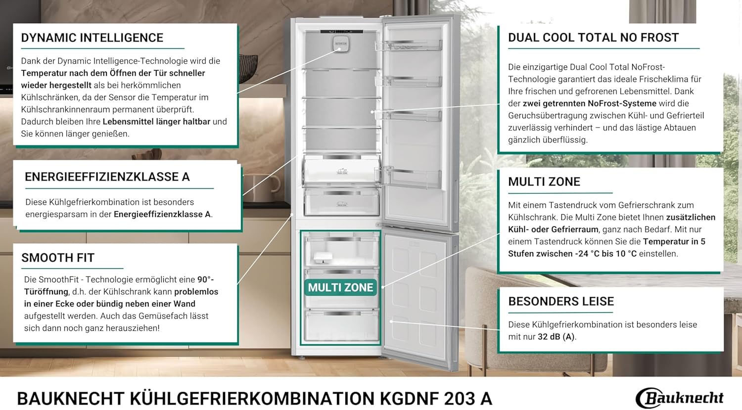Bauknecht KGDNF 203 A/Freistehende Kühl- Gefrierkombination/Dynamic Intelligence/Dual Cool Total NoFrost/EEK A/Multi Zone/Smooth Fit/EvenFlow/FreshShield/ 25 Years Compressor Lifetime Tested by VDE