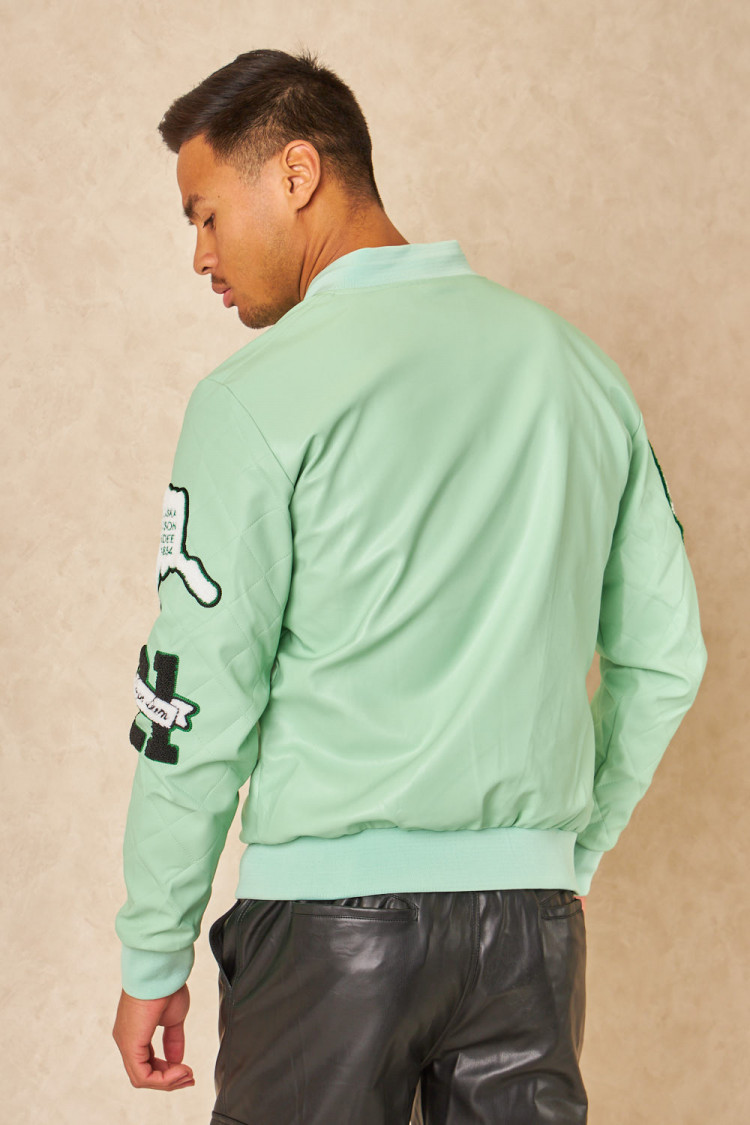Bomber en simili cuir vert clair brodée 