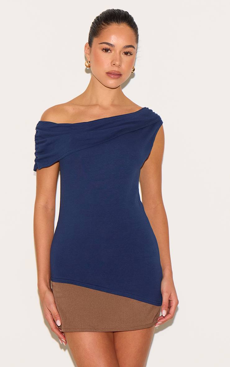 Bleu Marine Haut Long En Coton Asymétrique Avec Détail Plié Sur L'épaule