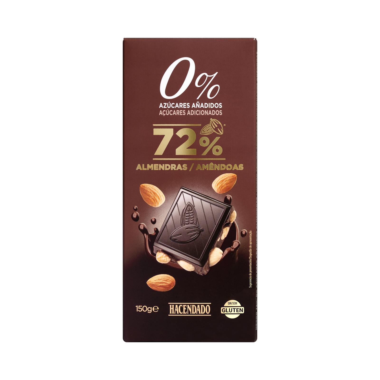 Chocolat noir Hacendado 72% de cacao aux amandes entières